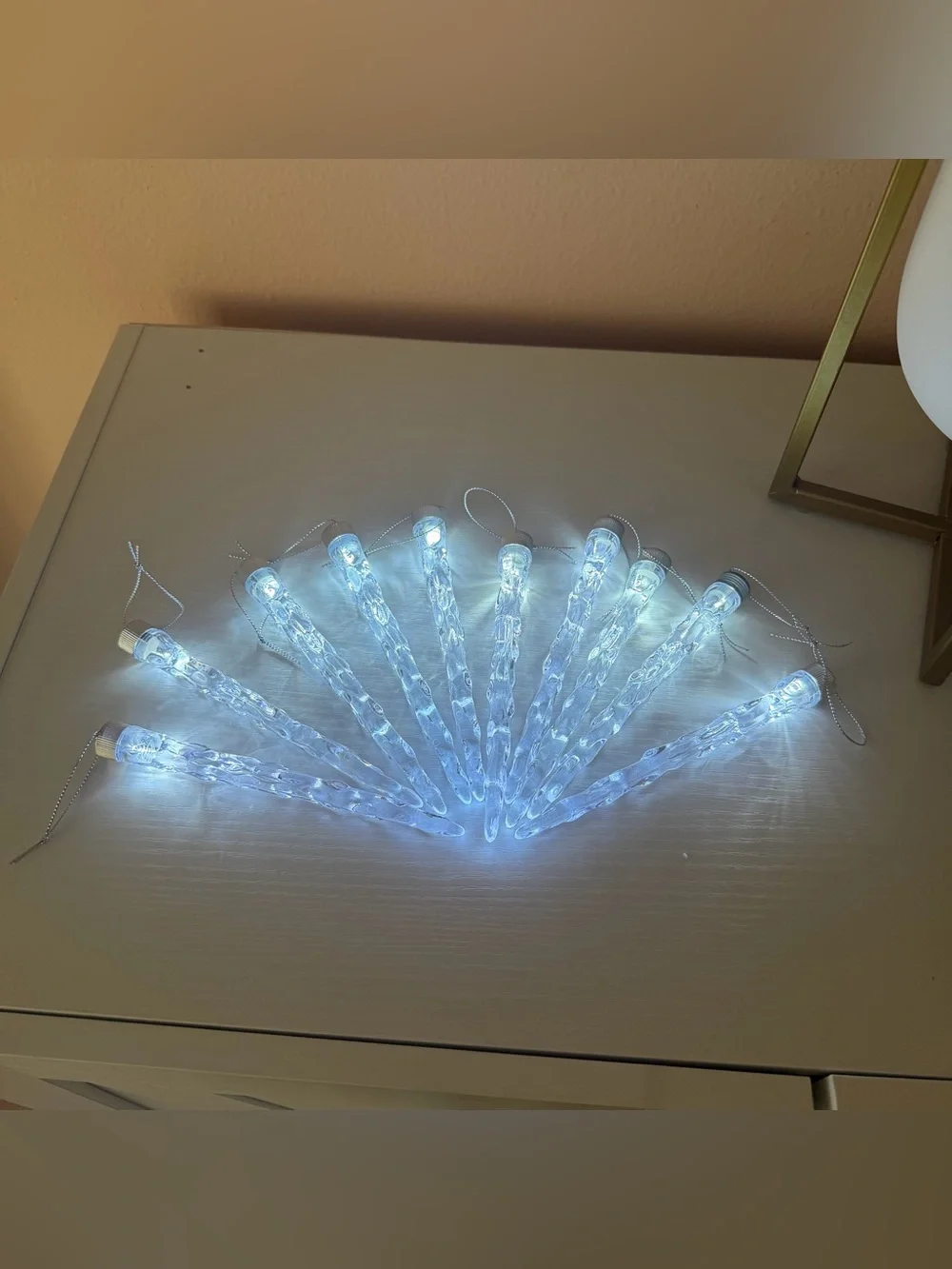 Set of 10 LED Light Up Icicle Christmas Ornaments Clear Hanging Tree Decor